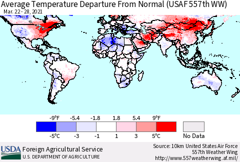 World Average Temperature Departure from Normal (USAF 557th WW) Thematic Map For 3/22/2021 - 3/28/2021