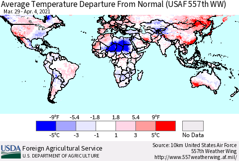 World Average Temperature Departure from Normal (USAF 557th WW) Thematic Map For 3/29/2021 - 4/4/2021