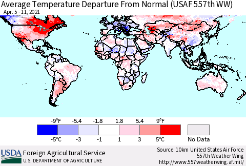 World Average Temperature Departure from Normal (USAF 557th WW) Thematic Map For 4/5/2021 - 4/11/2021