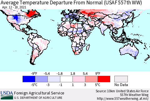 World Average Temperature Departure from Normal (USAF 557th WW) Thematic Map For 4/12/2021 - 4/18/2021