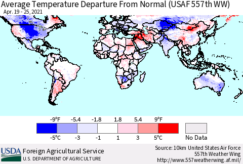 World Average Temperature Departure from Normal (USAF 557th WW) Thematic Map For 4/19/2021 - 4/25/2021