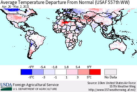 World Average Temperature Departure from Normal (USAF 557th WW) Thematic Map For 4/26/2021 - 5/2/2021