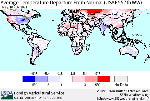 World Average Temperature Departure from Normal (USAF 557th WW) Thematic Map For 5/10/2021 - 5/16/2021