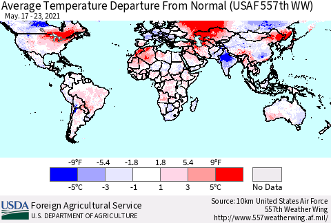 World Average Temperature Departure from Normal (USAF 557th WW) Thematic Map For 5/17/2021 - 5/23/2021