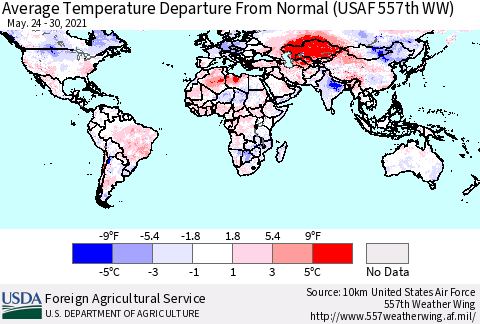 World Average Temperature Departure from Normal (USAF 557th WW) Thematic Map For 5/24/2021 - 5/30/2021