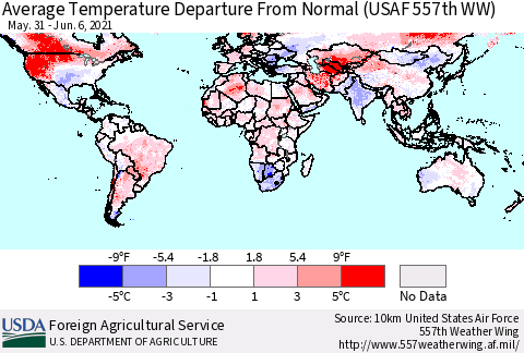 World Average Temperature Departure from Normal (USAF 557th WW) Thematic Map For 5/31/2021 - 6/6/2021