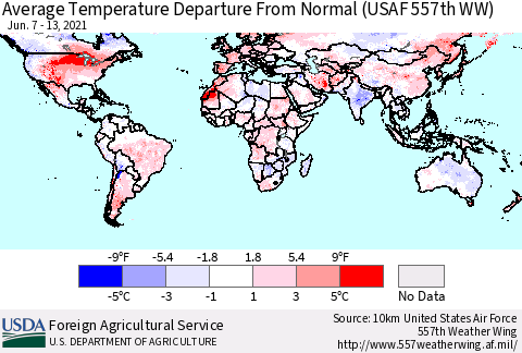 World Average Temperature Departure from Normal (USAF 557th WW) Thematic Map For 6/7/2021 - 6/13/2021