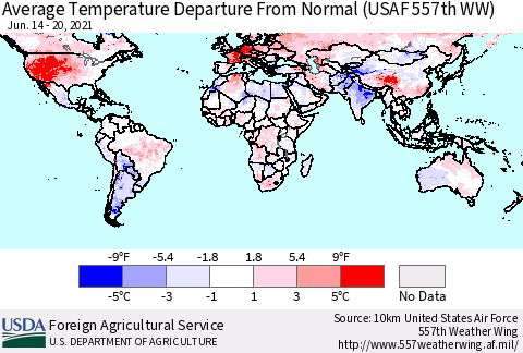 World Average Temperature Departure from Normal (USAF 557th WW) Thematic Map For 6/14/2021 - 6/20/2021