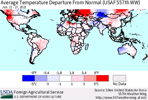 World Average Temperature Departure from Normal (USAF 557th WW) Thematic Map For 6/21/2021 - 6/27/2021