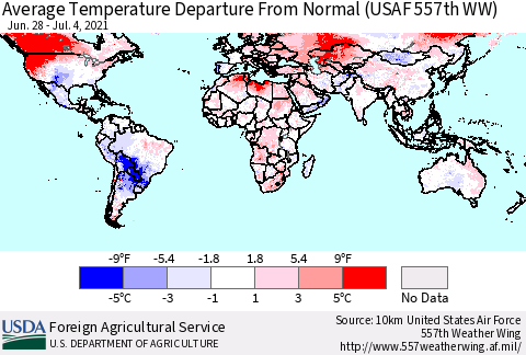 World Average Temperature Departure from Normal (USAF 557th WW) Thematic Map For 6/28/2021 - 7/4/2021
