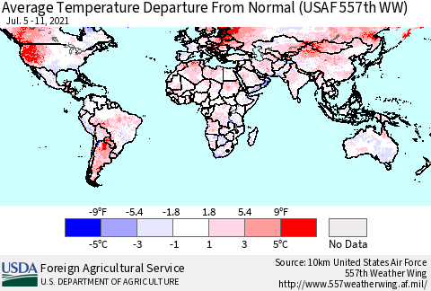 World Average Temperature Departure from Normal (USAF 557th WW) Thematic Map For 7/5/2021 - 7/11/2021