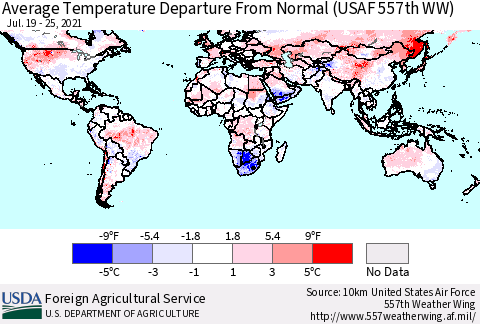 World Average Temperature Departure from Normal (USAF 557th WW) Thematic Map For 7/19/2021 - 7/25/2021