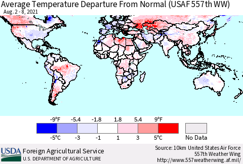 World Average Temperature Departure from Normal (USAF 557th WW) Thematic Map For 8/2/2021 - 8/8/2021