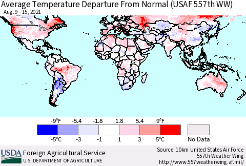 World Average Temperature Departure from Normal (USAF 557th WW) Thematic Map For 8/9/2021 - 8/15/2021