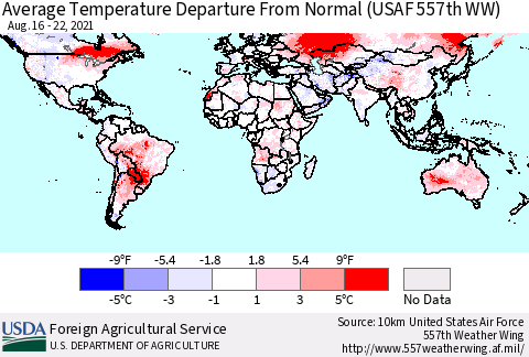 World Average Temperature Departure from Normal (USAF 557th WW) Thematic Map For 8/16/2021 - 8/22/2021