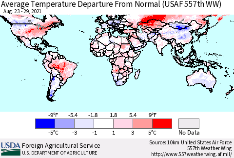 World Average Temperature Departure from Normal (USAF 557th WW) Thematic Map For 8/23/2021 - 8/29/2021