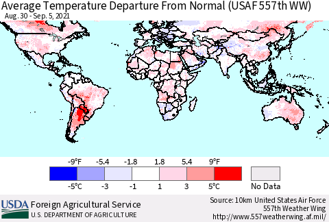 World Average Temperature Departure from Normal (USAF 557th WW) Thematic Map For 8/30/2021 - 9/5/2021