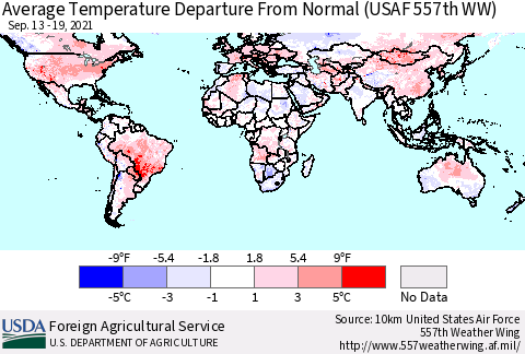 World Average Temperature Departure from Normal (USAF 557th WW) Thematic Map For 9/13/2021 - 9/19/2021