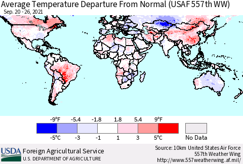 World Average Temperature Departure from Normal (USAF 557th WW) Thematic Map For 9/20/2021 - 9/26/2021