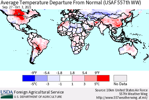 World Average Temperature Departure from Normal (USAF 557th WW) Thematic Map For 9/27/2021 - 10/3/2021