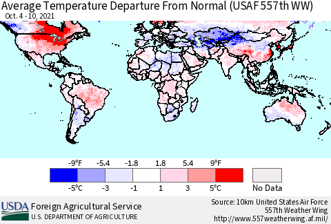 World Average Temperature Departure from Normal (USAF 557th WW) Thematic Map For 10/4/2021 - 10/10/2021