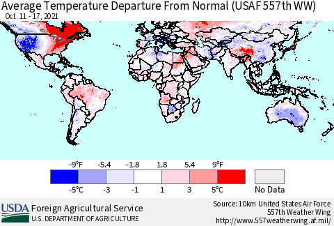World Average Temperature Departure from Normal (USAF 557th WW) Thematic Map For 10/11/2021 - 10/17/2021