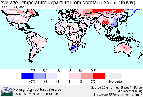World Average Temperature Departure from Normal (USAF 557th WW) Thematic Map For 10/18/2021 - 10/24/2021