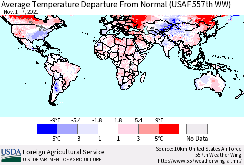 World Average Temperature Departure from Normal (USAF 557th WW) Thematic Map For 11/1/2021 - 11/7/2021