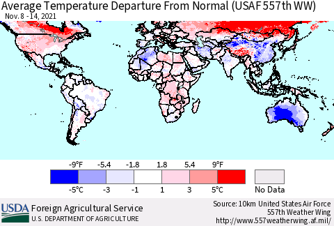 World Average Temperature Departure from Normal (USAF 557th WW) Thematic Map For 11/8/2021 - 11/14/2021