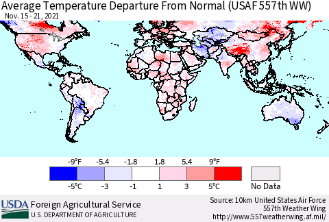 World Average Temperature Departure from Normal (USAF 557th WW) Thematic Map For 11/15/2021 - 11/21/2021