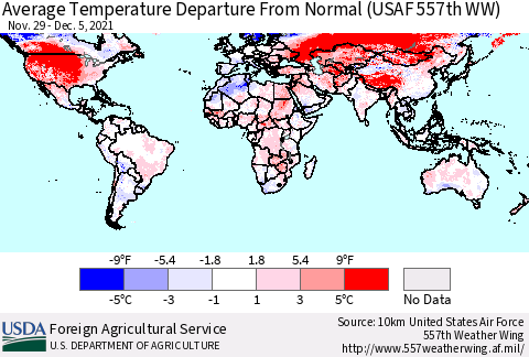 World Average Temperature Departure from Normal (USAF 557th WW) Thematic Map For 11/29/2021 - 12/5/2021