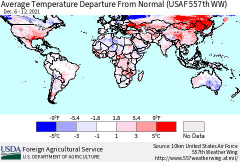 World Average Temperature Departure from Normal (USAF 557th WW) Thematic Map For 12/6/2021 - 12/12/2021
