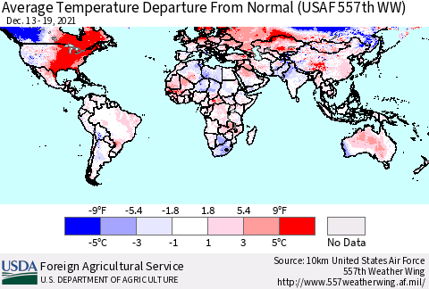 World Average Temperature Departure from Normal (USAF 557th WW) Thematic Map For 12/13/2021 - 12/19/2021