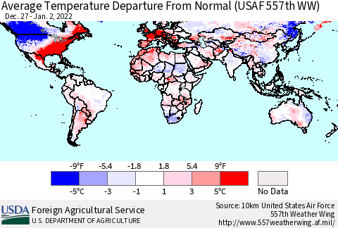 World Average Temperature Departure from Normal (USAF 557th WW) Thematic Map For 12/27/2021 - 1/2/2022