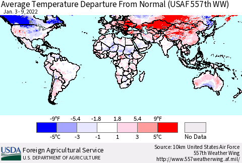 World Average Temperature Departure from Normal (USAF 557th WW) Thematic Map For 1/3/2022 - 1/9/2022