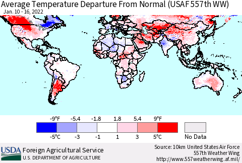 World Average Temperature Departure from Normal (USAF 557th WW) Thematic Map For 1/10/2022 - 1/16/2022