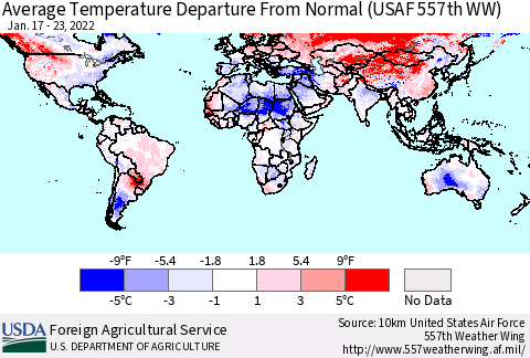World Average Temperature Departure from Normal (USAF 557th WW) Thematic Map For 1/17/2022 - 1/23/2022