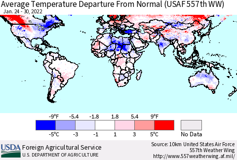 World Average Temperature Departure from Normal (USAF 557th WW) Thematic Map For 1/24/2022 - 1/30/2022