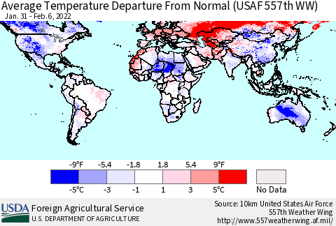 World Average Temperature Departure from Normal (USAF 557th WW) Thematic Map For 1/31/2022 - 2/6/2022