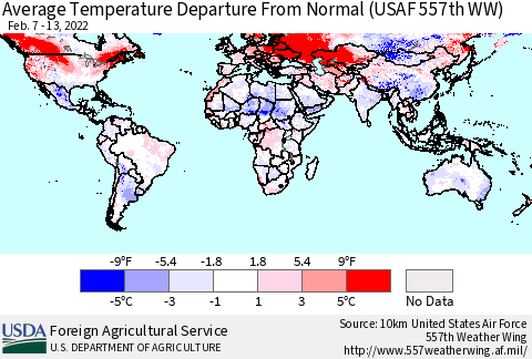 World Average Temperature Departure from Normal (USAF 557th WW) Thematic Map For 2/7/2022 - 2/13/2022