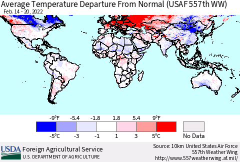 World Average Temperature Departure from Normal (USAF 557th WW) Thematic Map For 2/14/2022 - 2/20/2022
