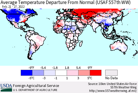 World Average Temperature Departure from Normal (USAF 557th WW) Thematic Map For 2/21/2022 - 2/27/2022