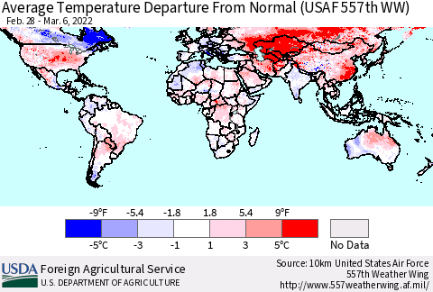World Average Temperature Departure from Normal (USAF 557th WW) Thematic Map For 2/28/2022 - 3/6/2022