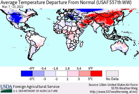 World Average Temperature Departure from Normal (USAF 557th WW) Thematic Map For 3/7/2022 - 3/13/2022