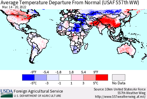 World Average Temperature Departure from Normal (USAF 557th WW) Thematic Map For 3/14/2022 - 3/20/2022