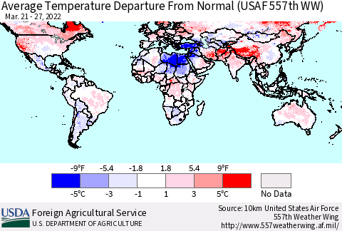 World Average Temperature Departure from Normal (USAF 557th WW) Thematic Map For 3/21/2022 - 3/27/2022