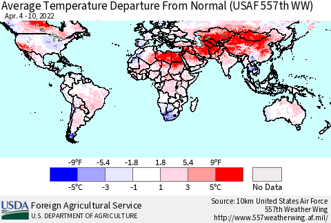 World Average Temperature Departure from Normal (USAF 557th WW) Thematic Map For 4/4/2022 - 4/10/2022