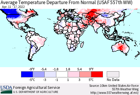 World Average Temperature Departure from Normal (USAF 557th WW) Thematic Map For 4/11/2022 - 4/17/2022