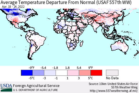 World Average Temperature Departure from Normal (USAF 557th WW) Thematic Map For 4/18/2022 - 4/24/2022
