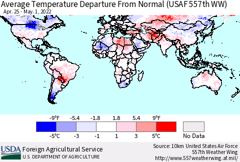 World Average Temperature Departure from Normal (USAF 557th WW) Thematic Map For 4/25/2022 - 5/1/2022